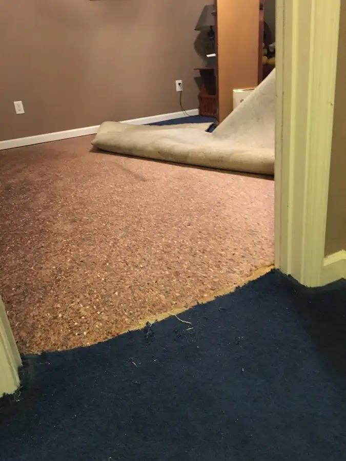 Carpet pad removal revealing water damage during Drying & Dehumidification in Warsaw